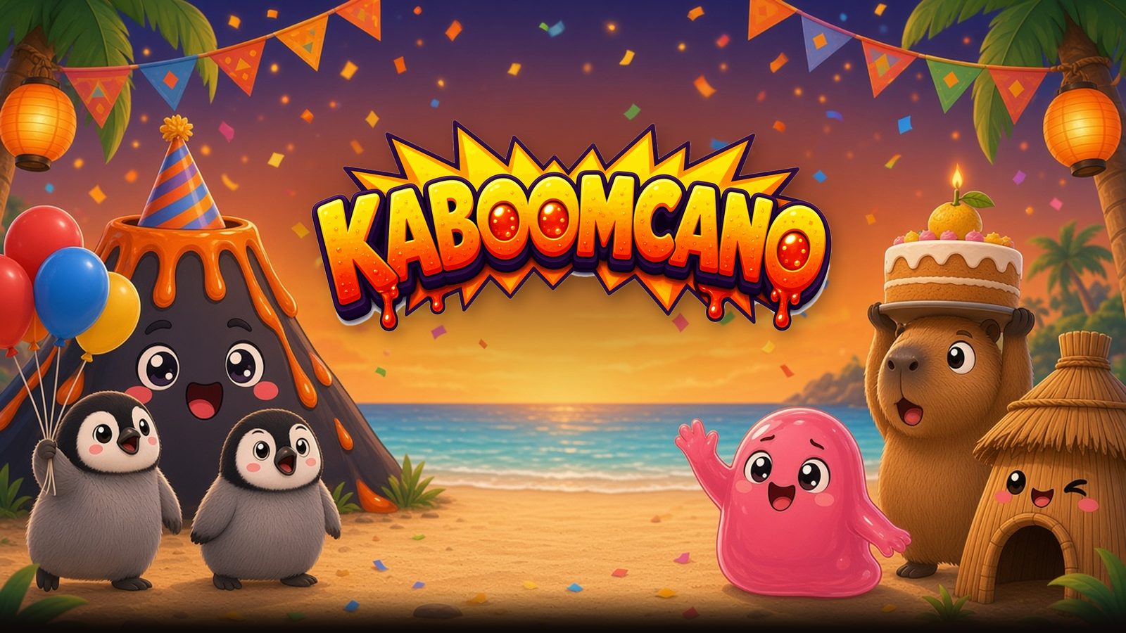 Kaboomcano: the volcano's birthday party with the capybara, baby penguins, pink blob and hut
