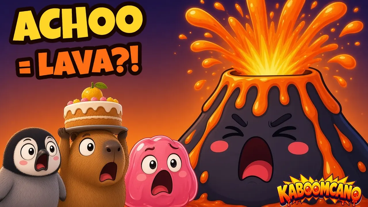 Kaboomcano sneezes lava while a capybara holding a birthday cake, a baby penguin and a pink blob look on in shock